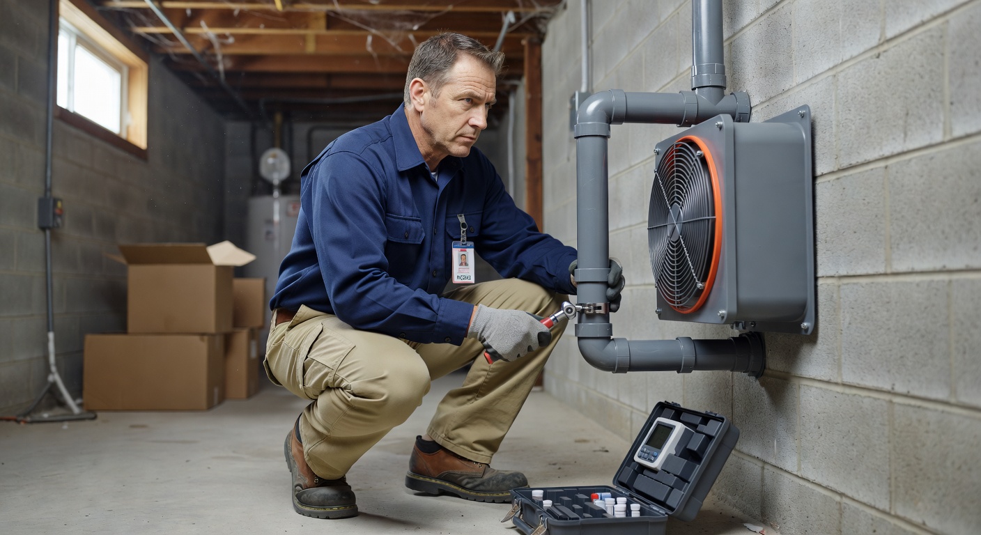 radon technician installing mitigation fan in Ohio basement
