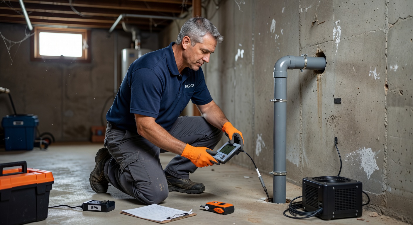 licensed radon contractor inspecting basement Ohio home