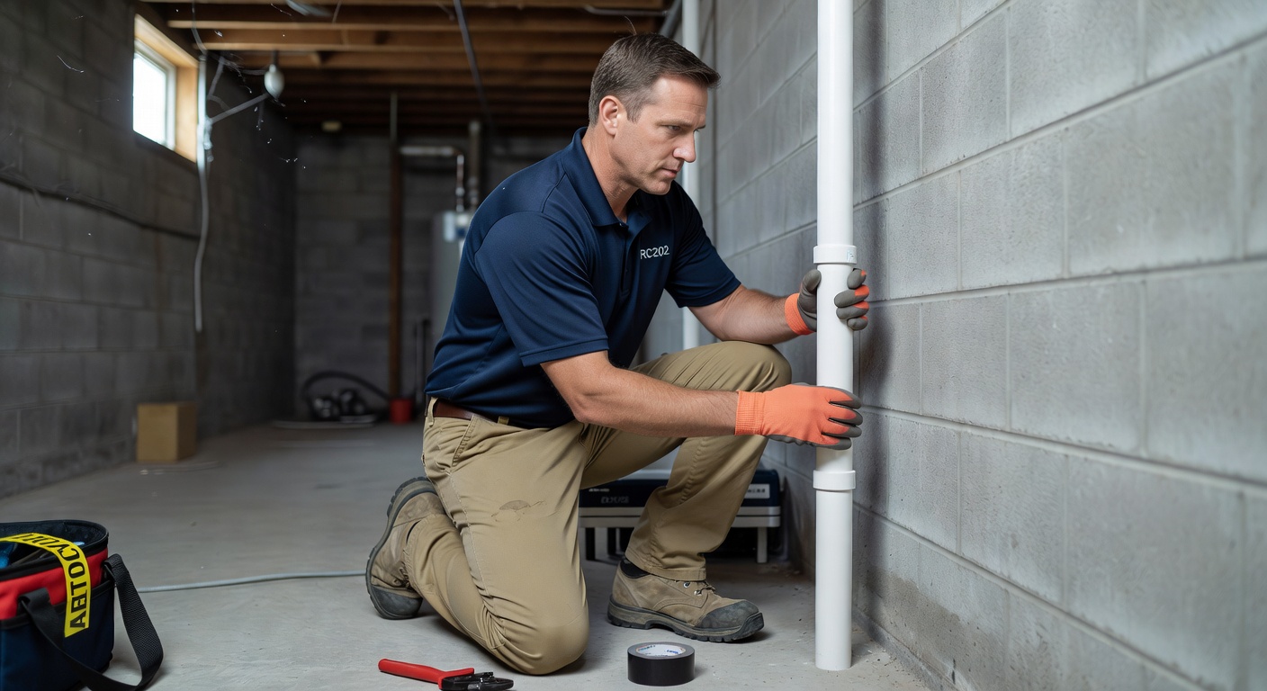 radon mitigation technician installing PVC pipe Ohio home