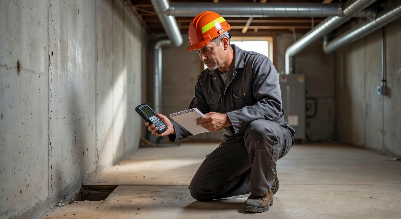 radon mitigation technician inspecting basement Vermilion Ohio