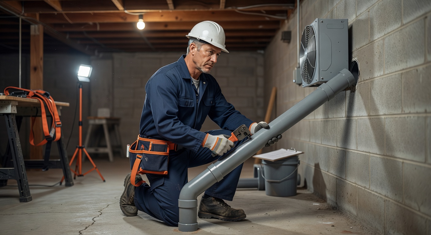 radon mitigation technician installing PVC vent pipe basement