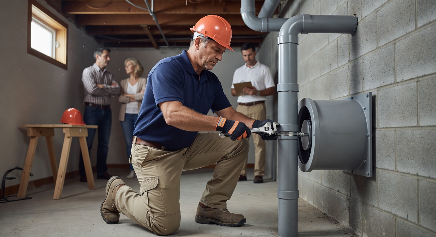radon technician installing mitigation fan Ohio home