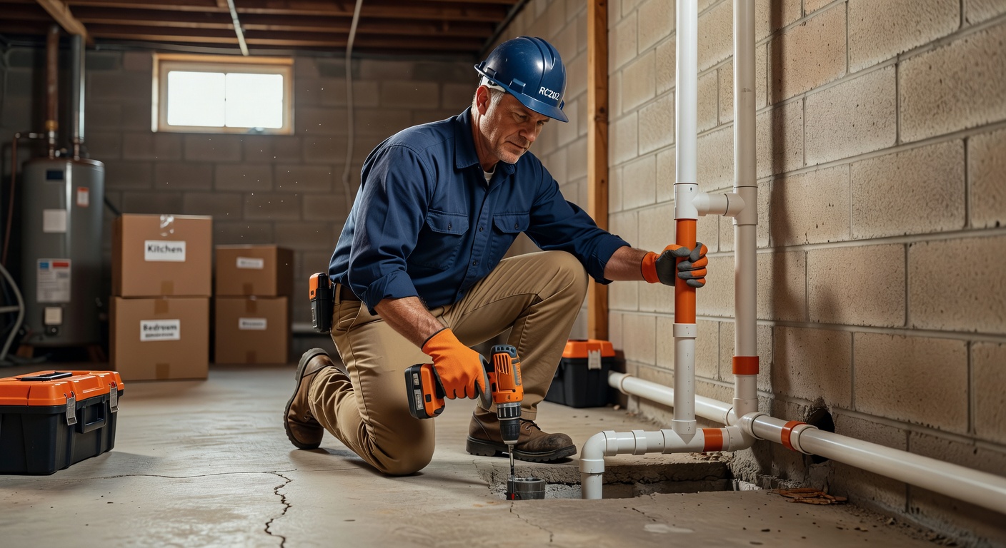 radon technician installing mitigation system basement