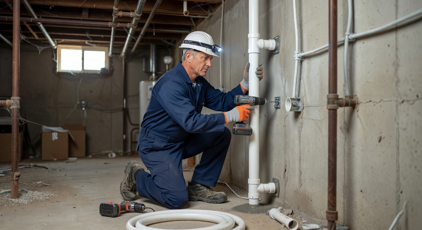 radon mitigation technician installing PVC pipe basement