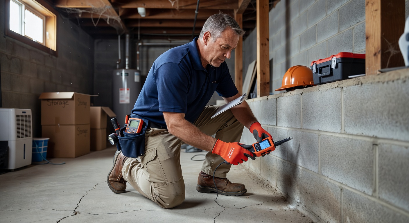 radon mitigation contractor inspecting basement foundation