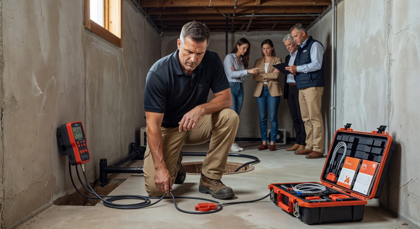 radon technician testing pCi/L meter basement