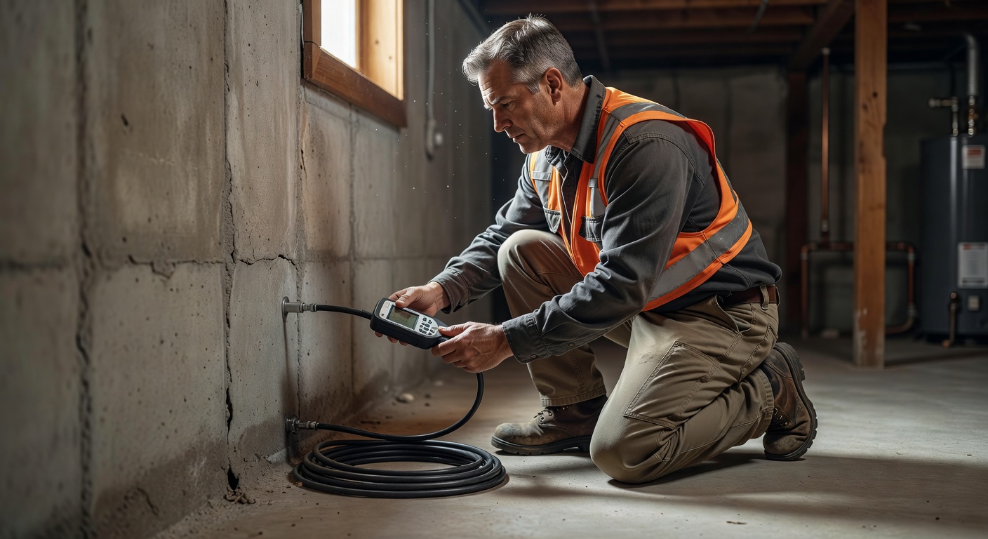 radon mitigation contractor inspecting basement foundation Ohio