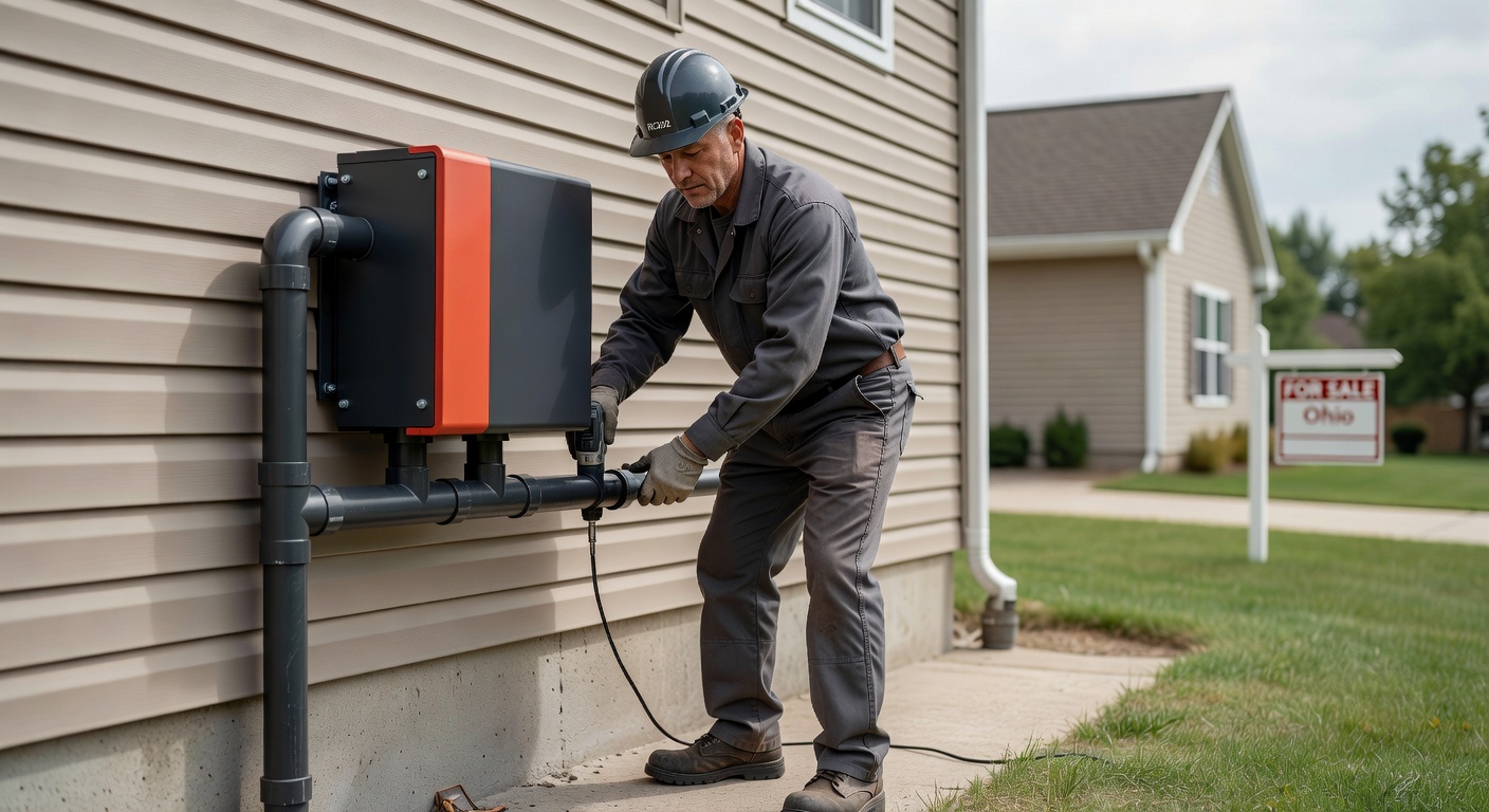radon technician installing mitigation fan exterior wall