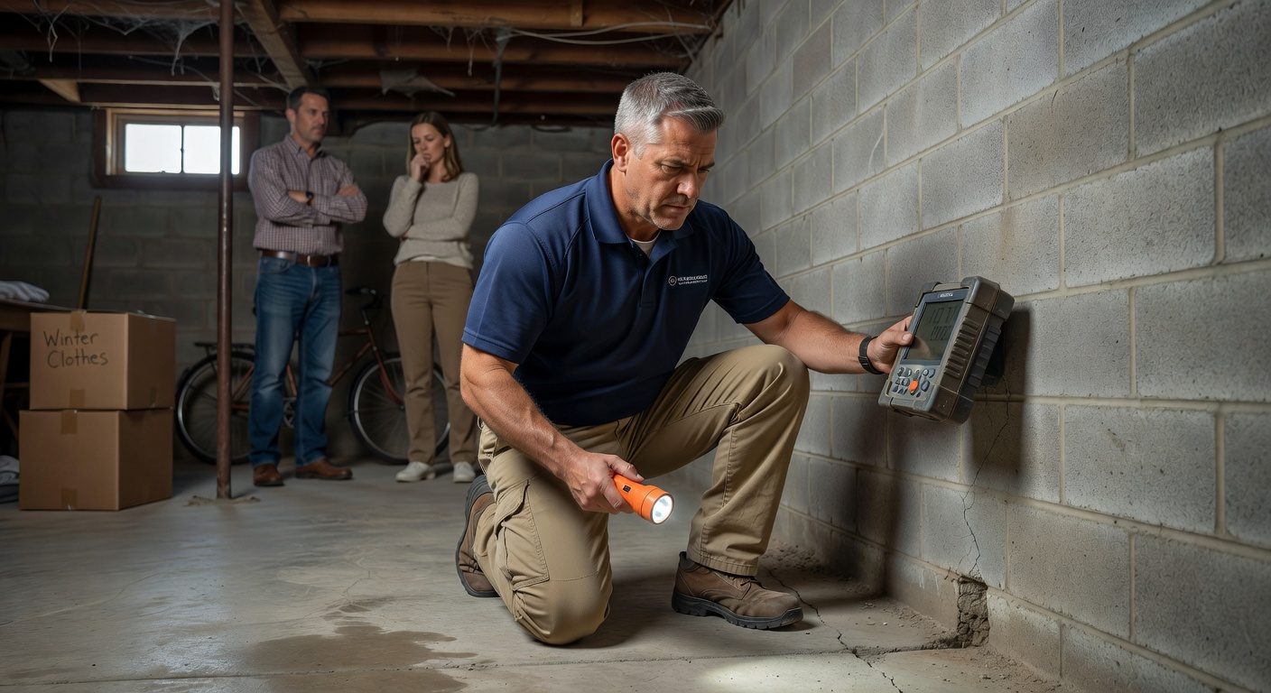 radon mitigation contractor inspecting basement Ohio home
