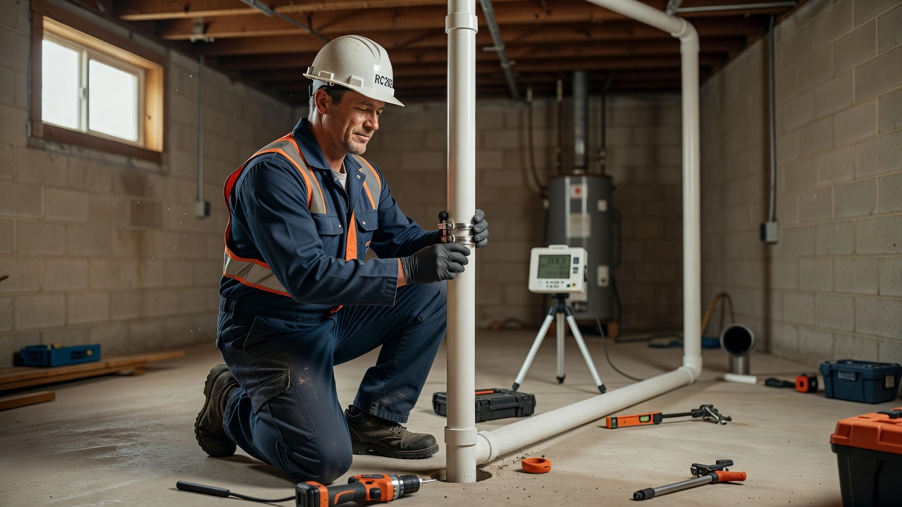 licensed radon technician installing PVC mitigation pipe basement