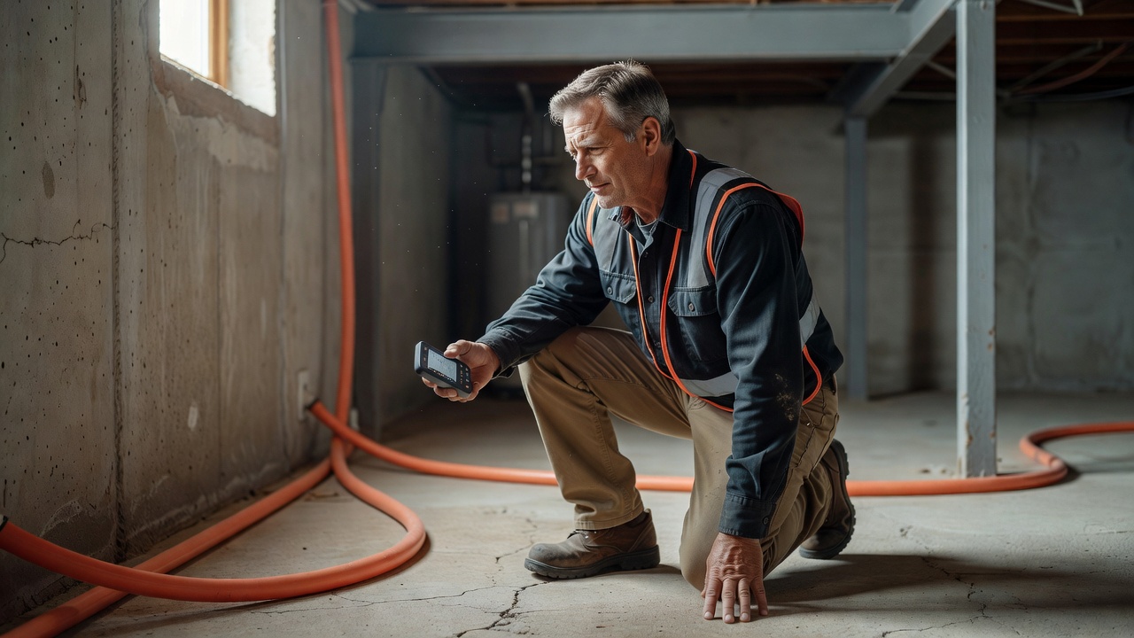 radon mitigation contractor inspecting basement Walton Hills Ohio