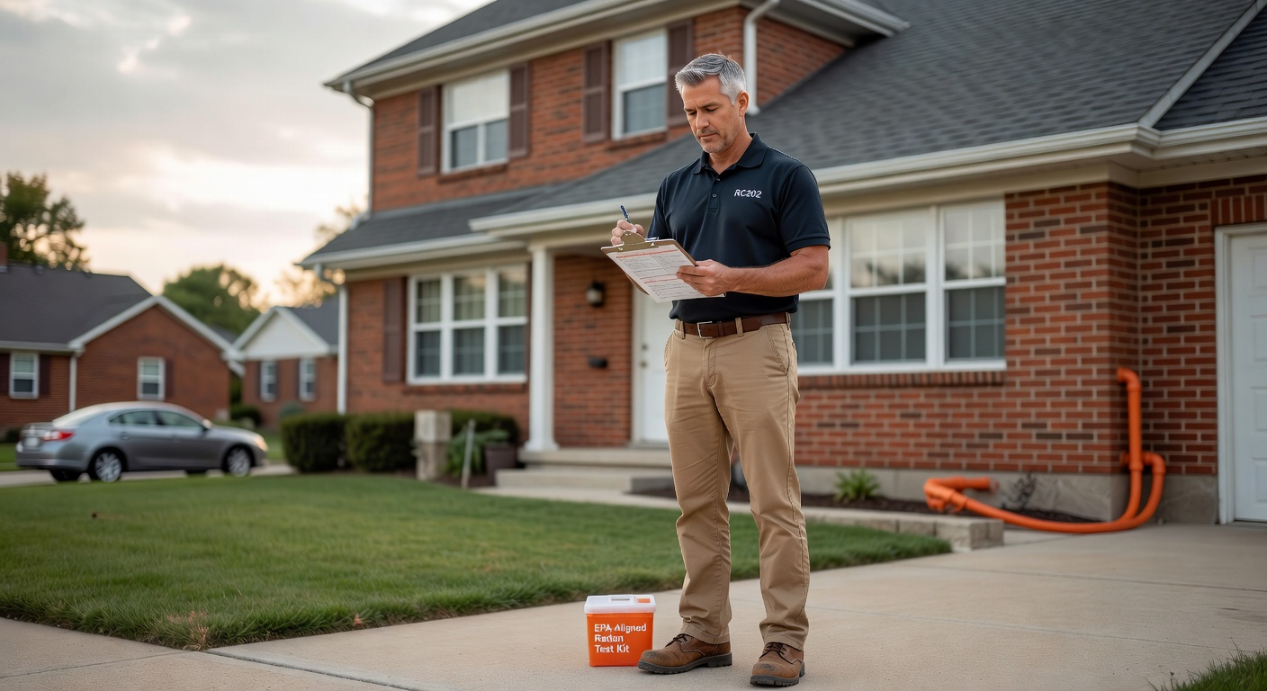 licensed radon professional with clipboard Ohio home exterior