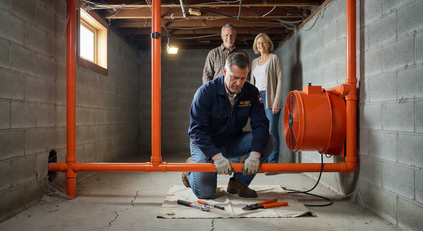 radon mitigation technician installing basement system