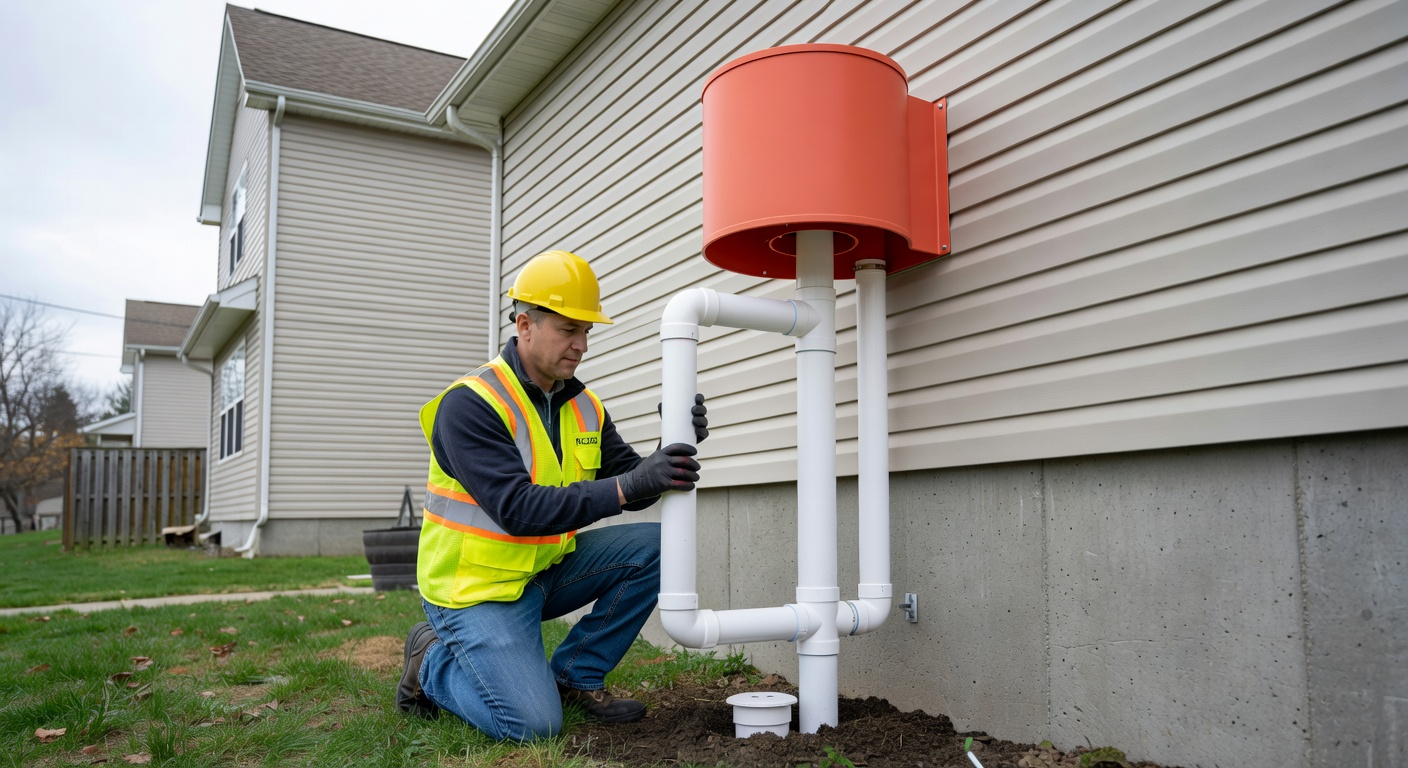 radon mitigation fan PVC pipe exterior home installation