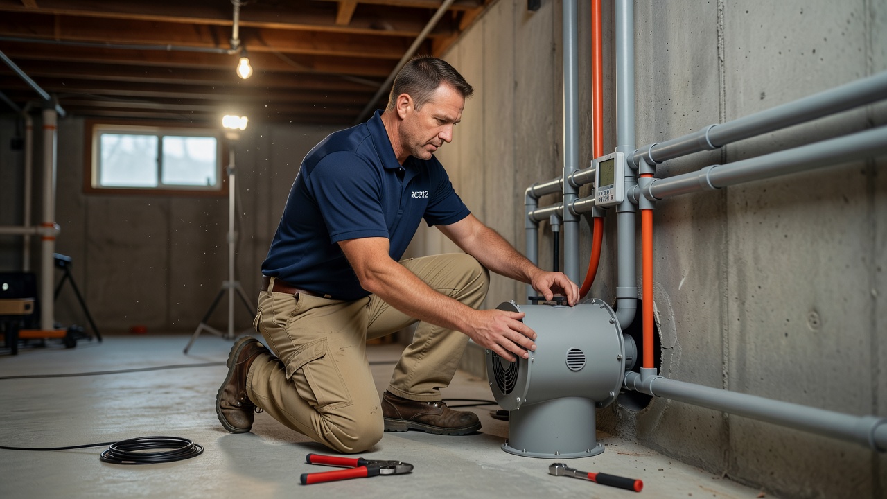 licensed radon technician installing mitigation fan basement