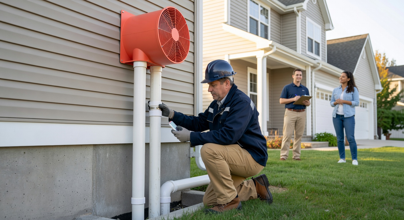 radon mitigation fan PVC pipe exterior installation