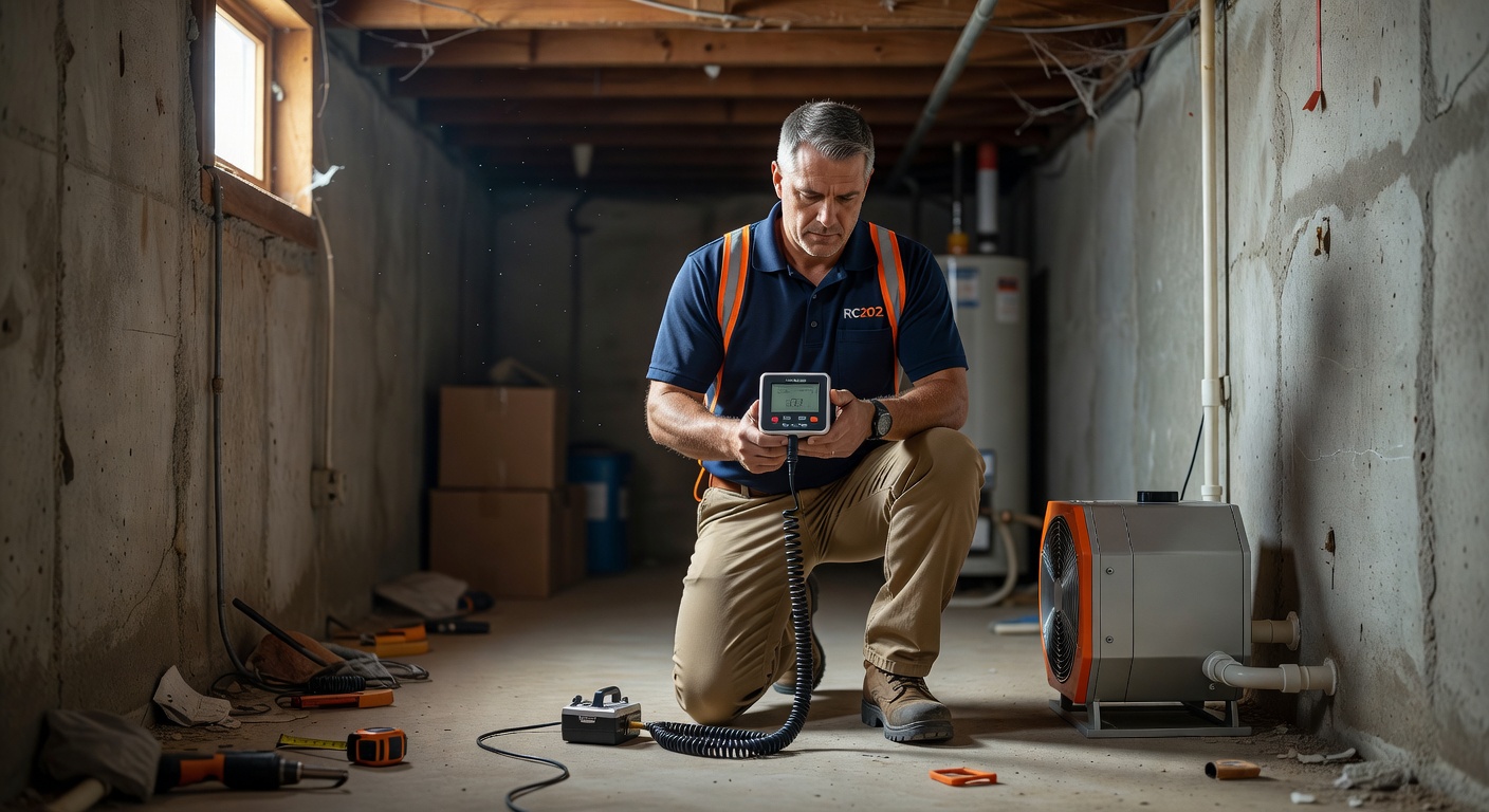 licensed radon technician inspecting basement Ohio