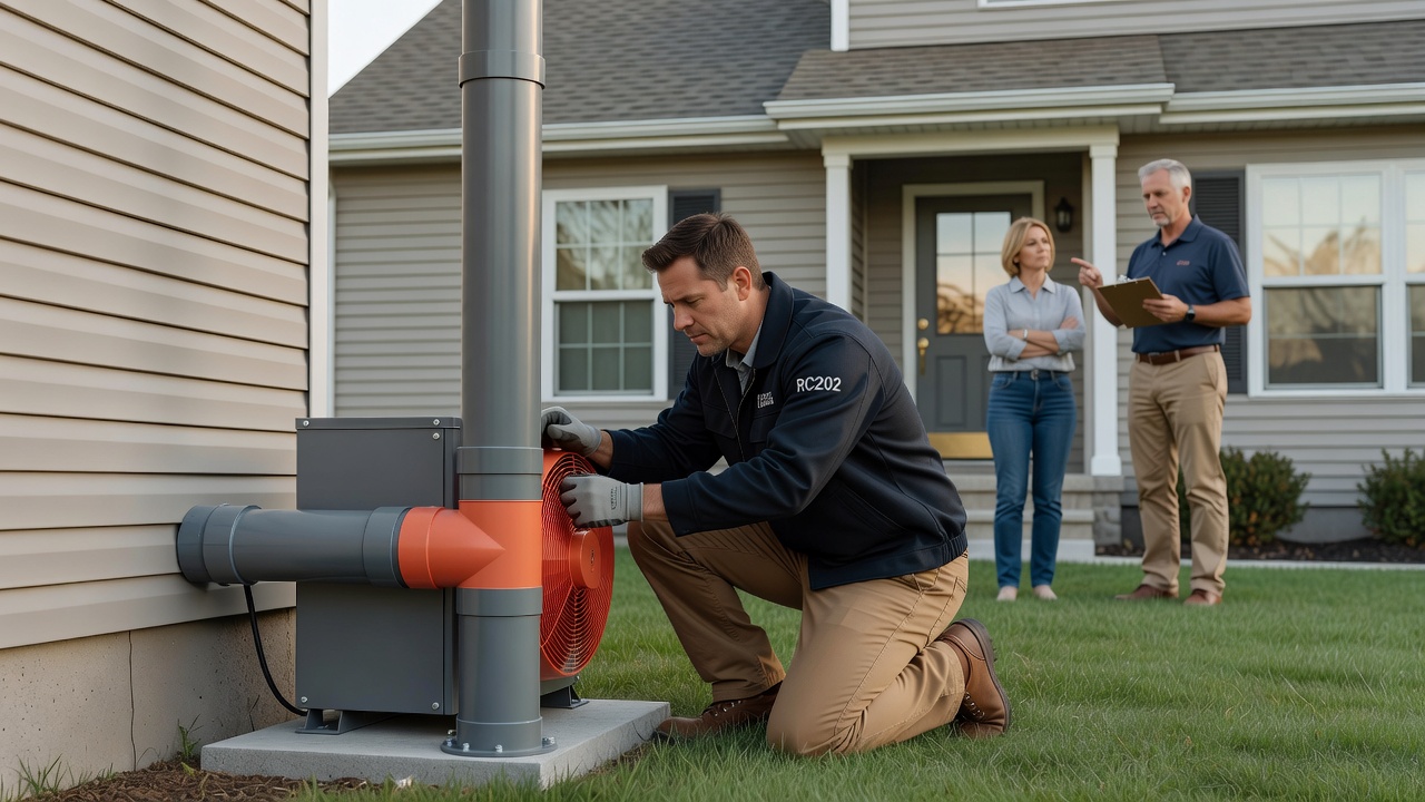 radon mitigation fan exterior vent pipe house
