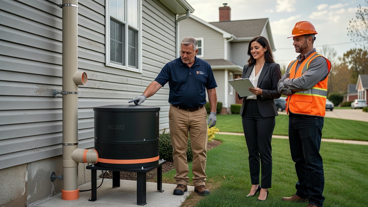 radon mitigation fan pipe exterior home