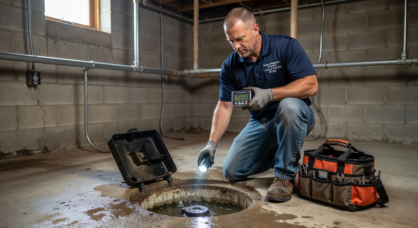licensed radon technician inspecting basement sump in Ohio home