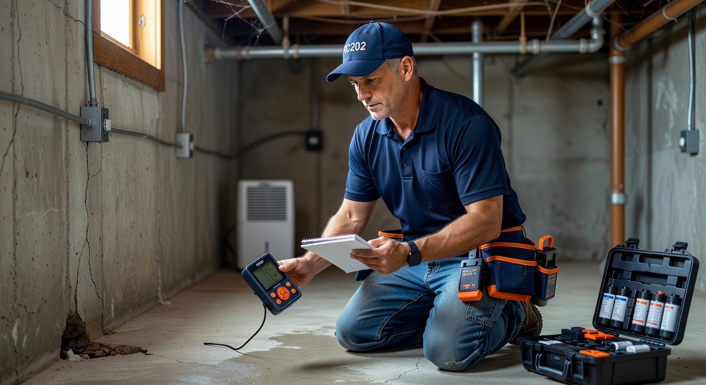 radon mitigation contractor inspecting basement Ohio home