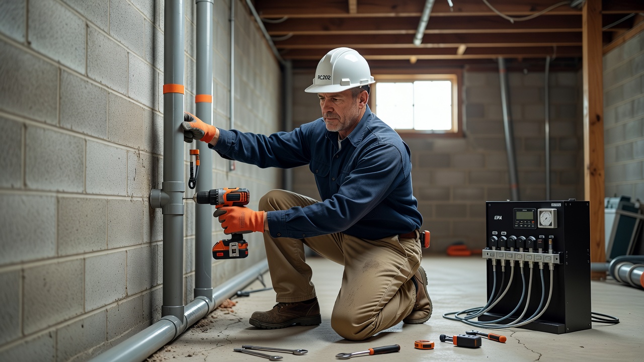 radon mitigation technician installing PVC pipe system