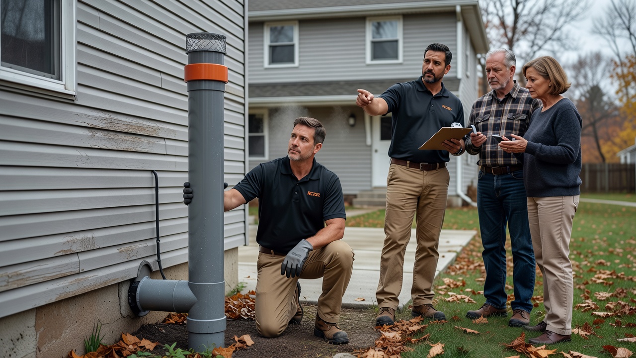 radon mitigation fan exterior PVC pipe residential house