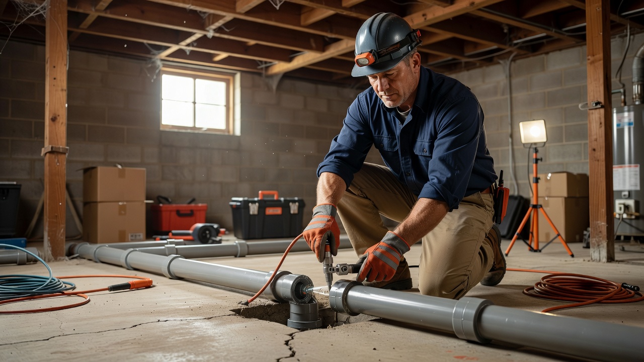 radon mitigation technician installing PVC pipe basement Ohio home