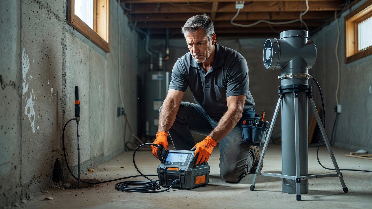 radon technician testing equipment Ohio basement