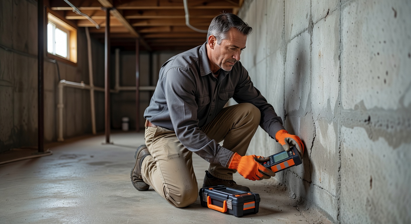 radon mitigation contractor inspecting Ohio basement foundation