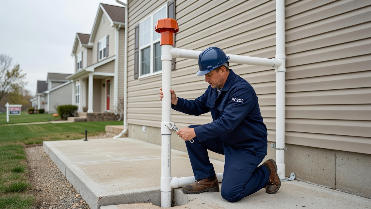 radon technician PVC pipe installation home exterior
