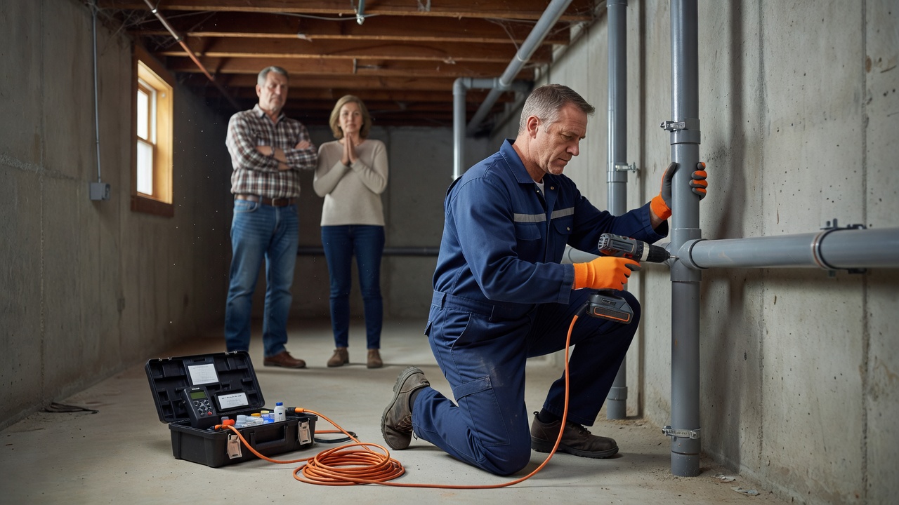 radon mitigation technician installing PVC pipe system