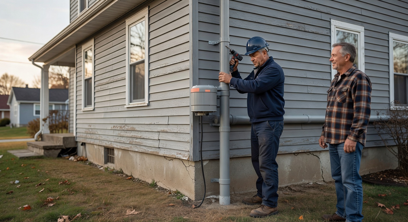 radon mitigation fan pipe exterior installation Hemlock Ohio home