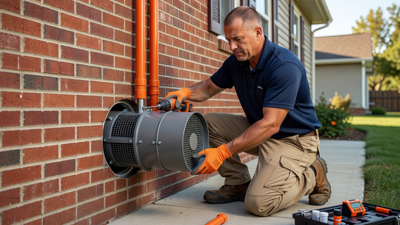 radon technician installing mitigation fan exterior wall