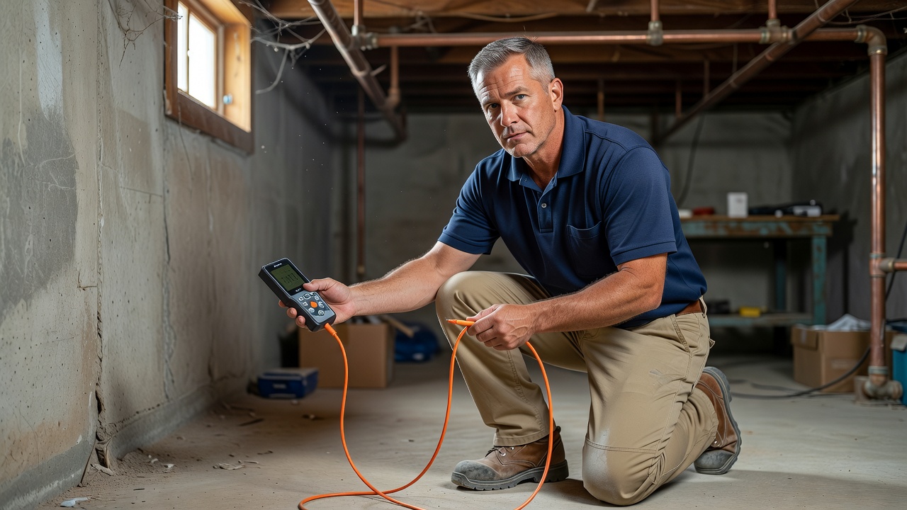 radon mitigation technician inspecting basement Ohio home