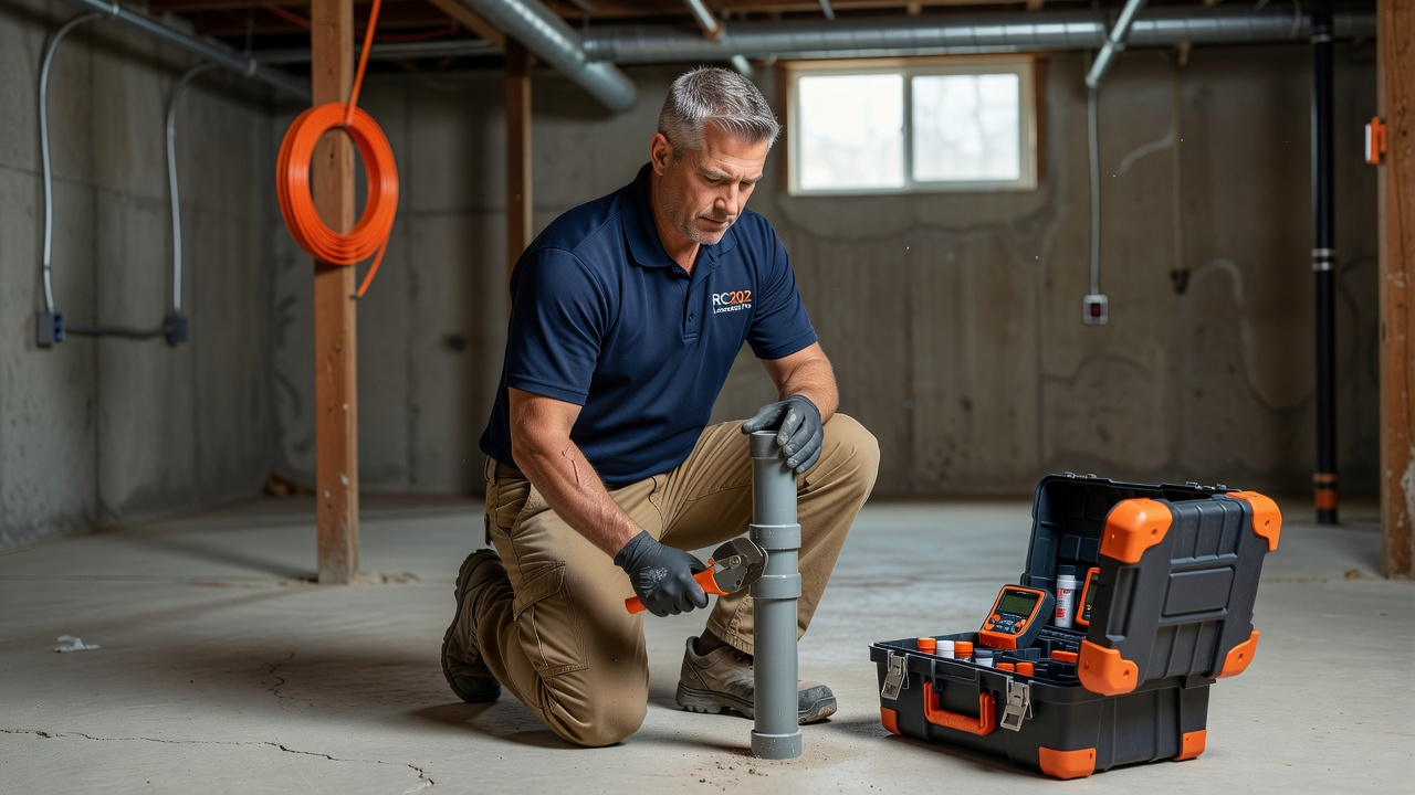 radon technician installing PVC pipe basement professional