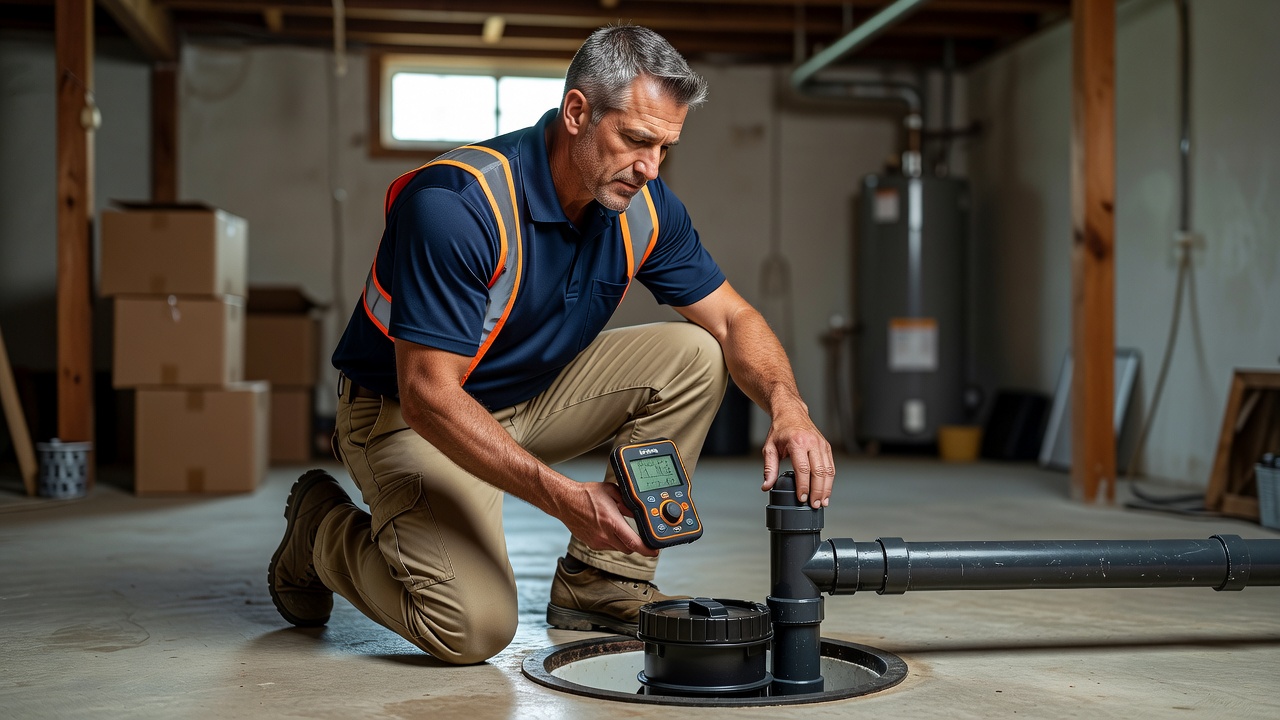 radon mitigation technician inspecting basement sump pump
