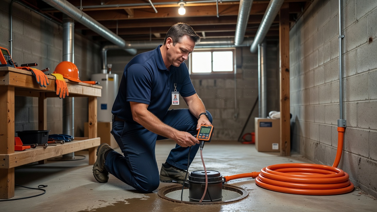 licensed radon technician inspecting basement sump pump