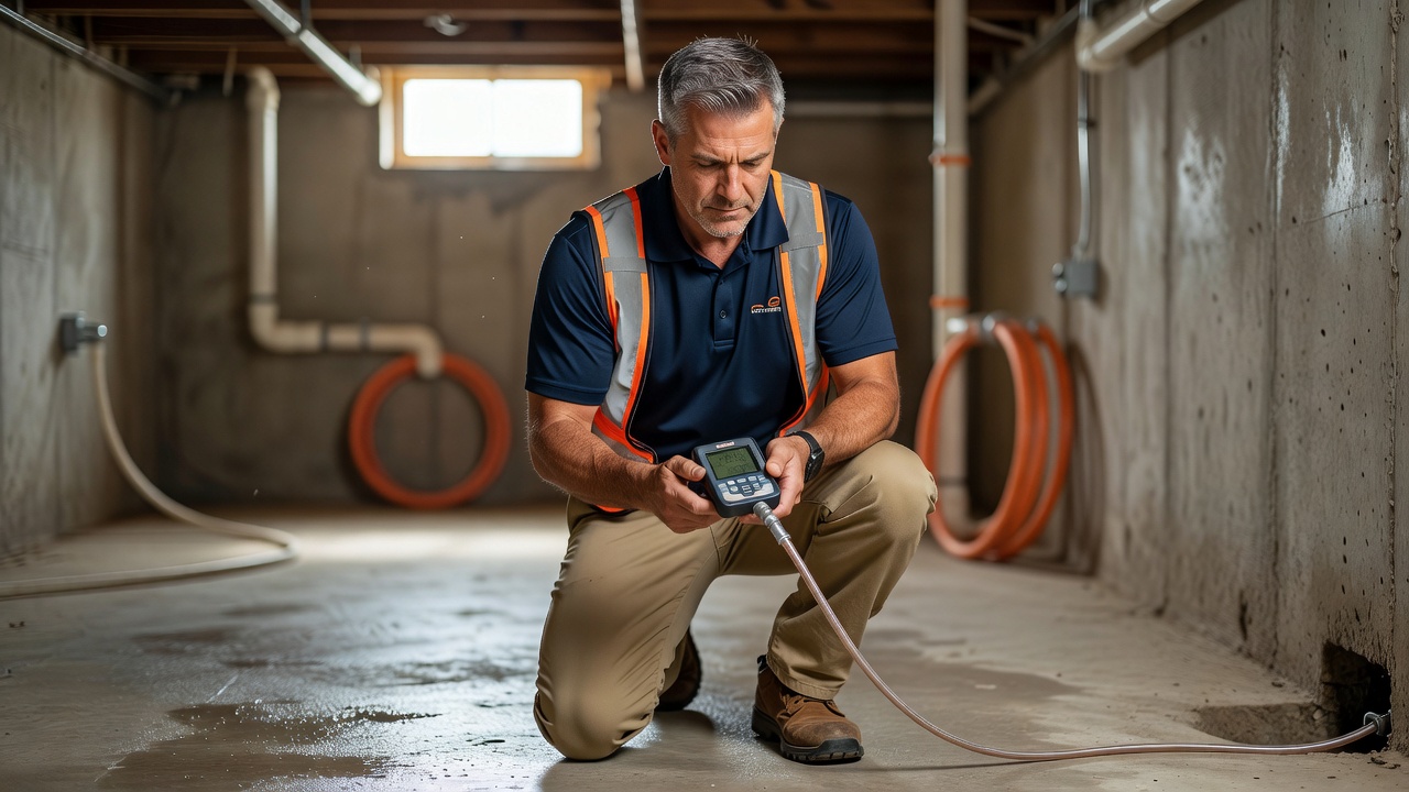 radon mitigation contractor inspecting basement West Carrollton Ohio home