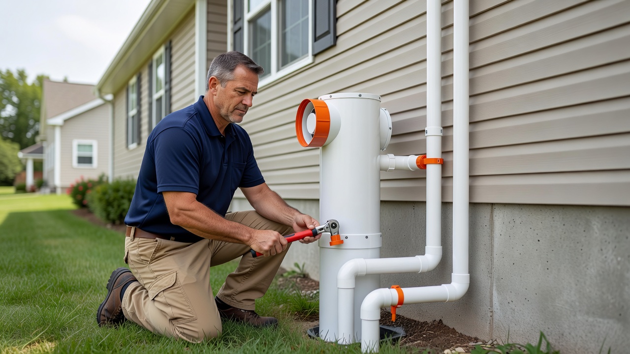 radon mitigation fan PVC pipe exterior installation