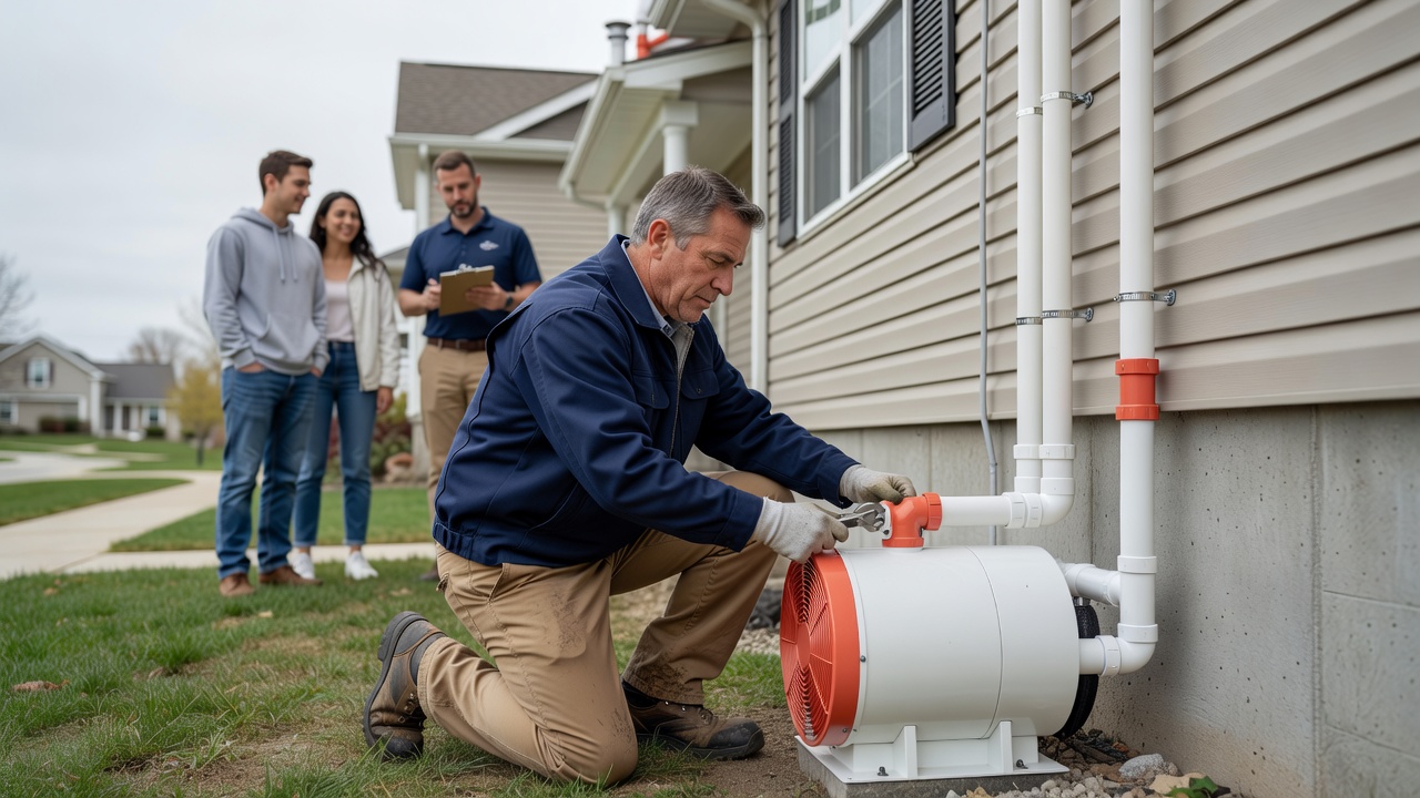 radon mitigation fan PVC pipe exterior home installation