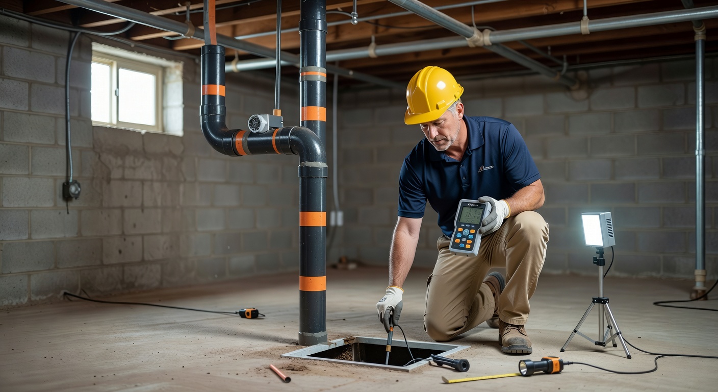 radon mitigation contractor inspecting basement Ohio