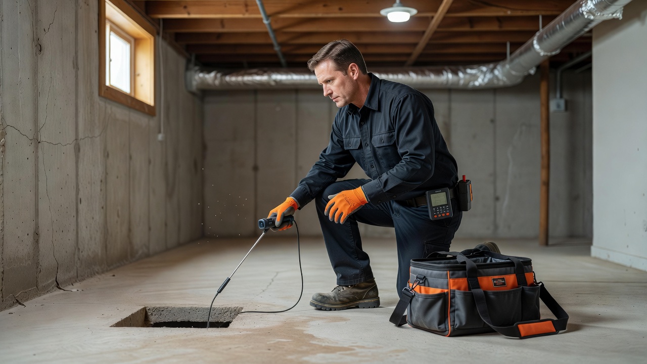 radon mitigation technician inspecting basement Ohio home