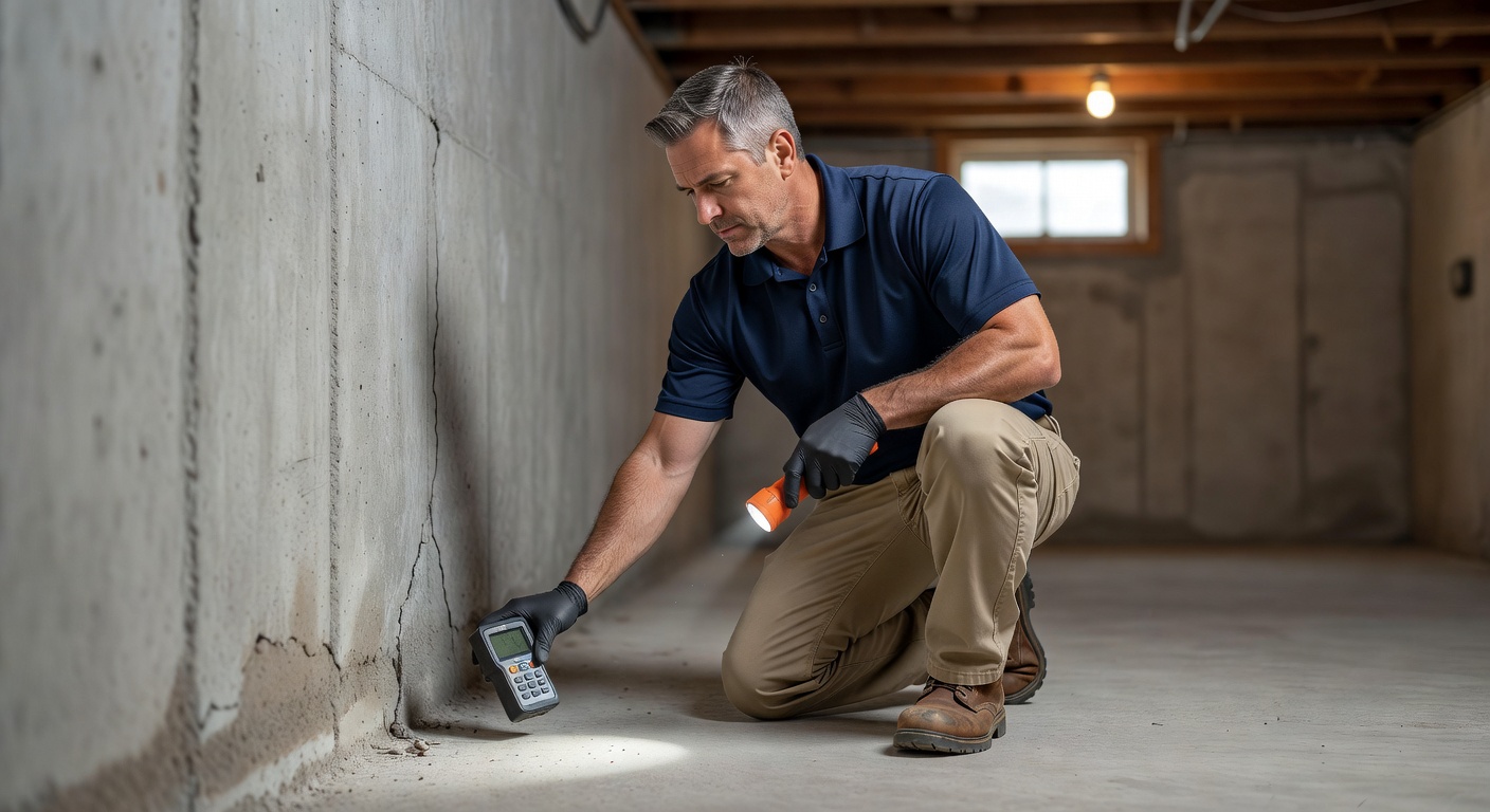 radon mitigation technician inspecting Ohio home foundation