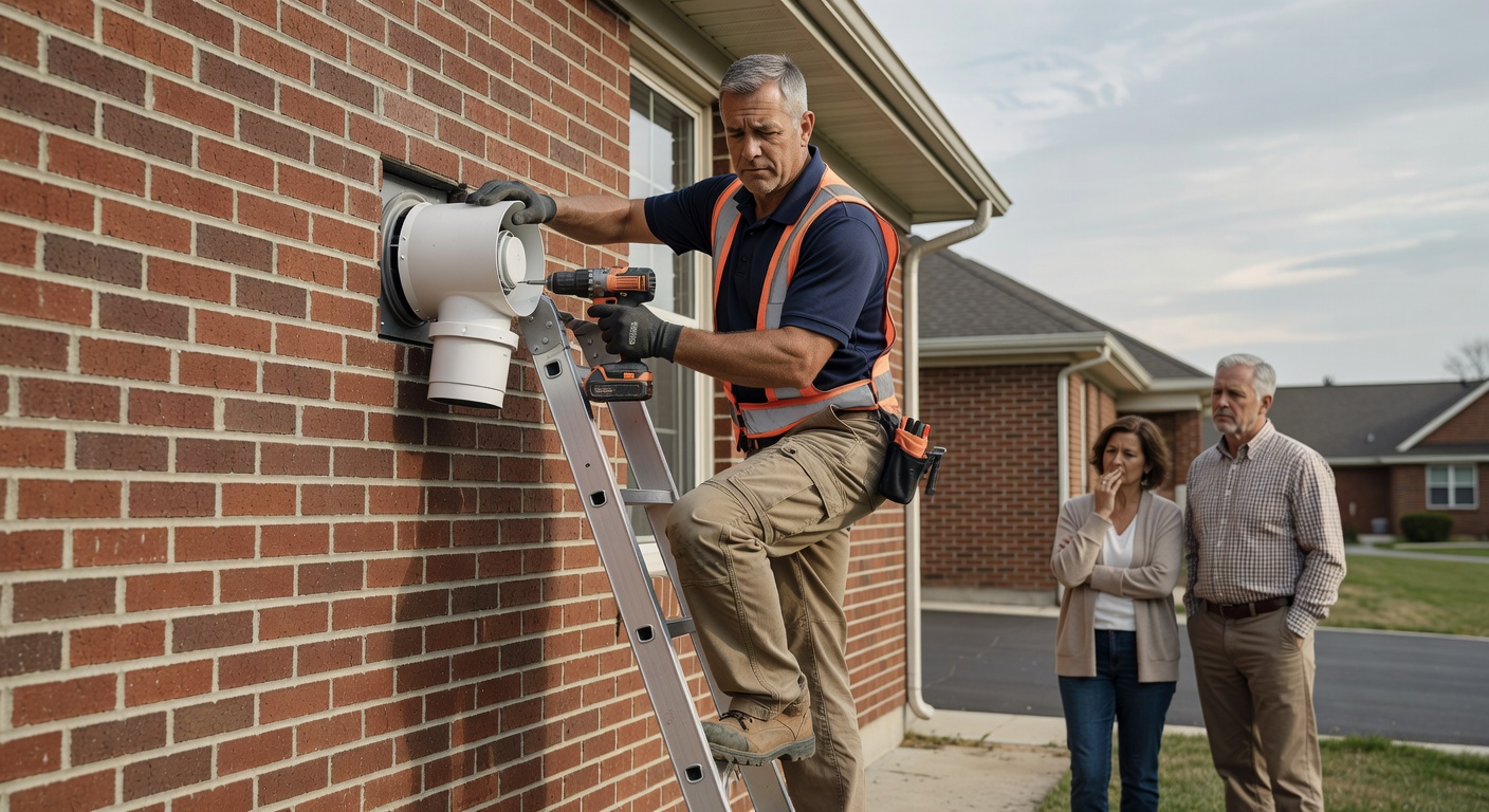 radon mitigation technician installing exhaust fan exterior wall
