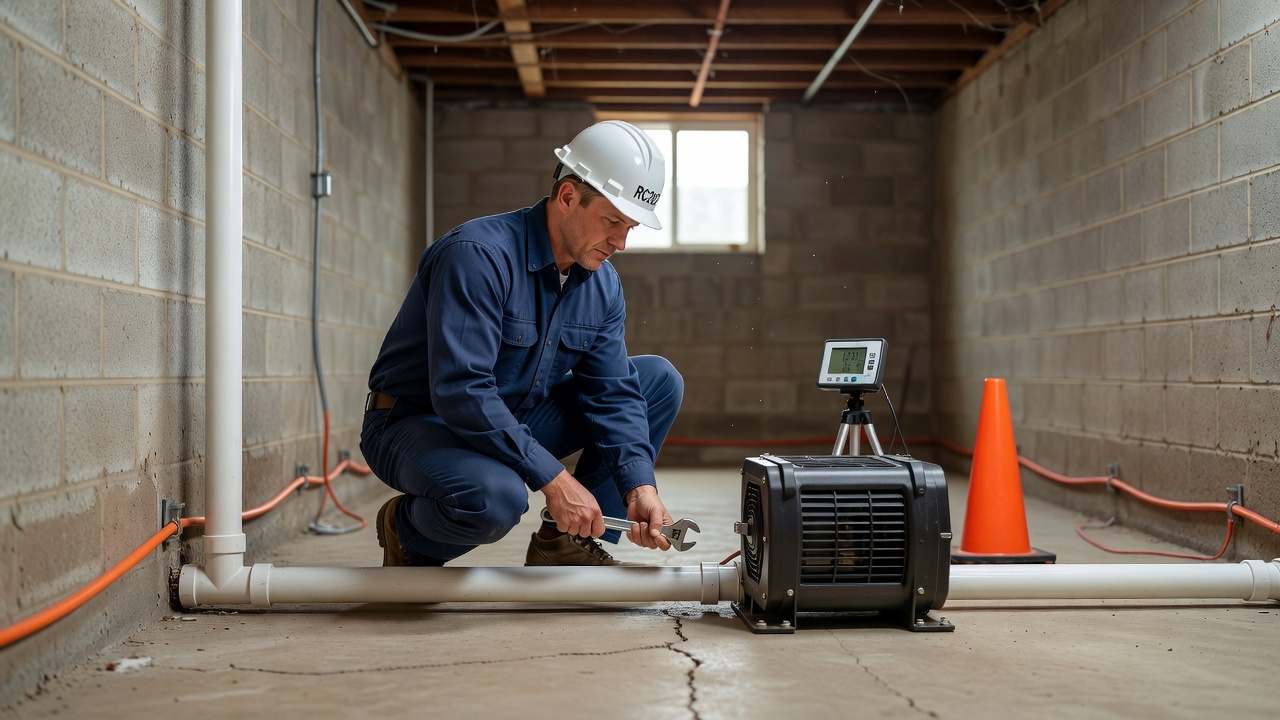 licensed radon mitigation technician installing system Ohio basement