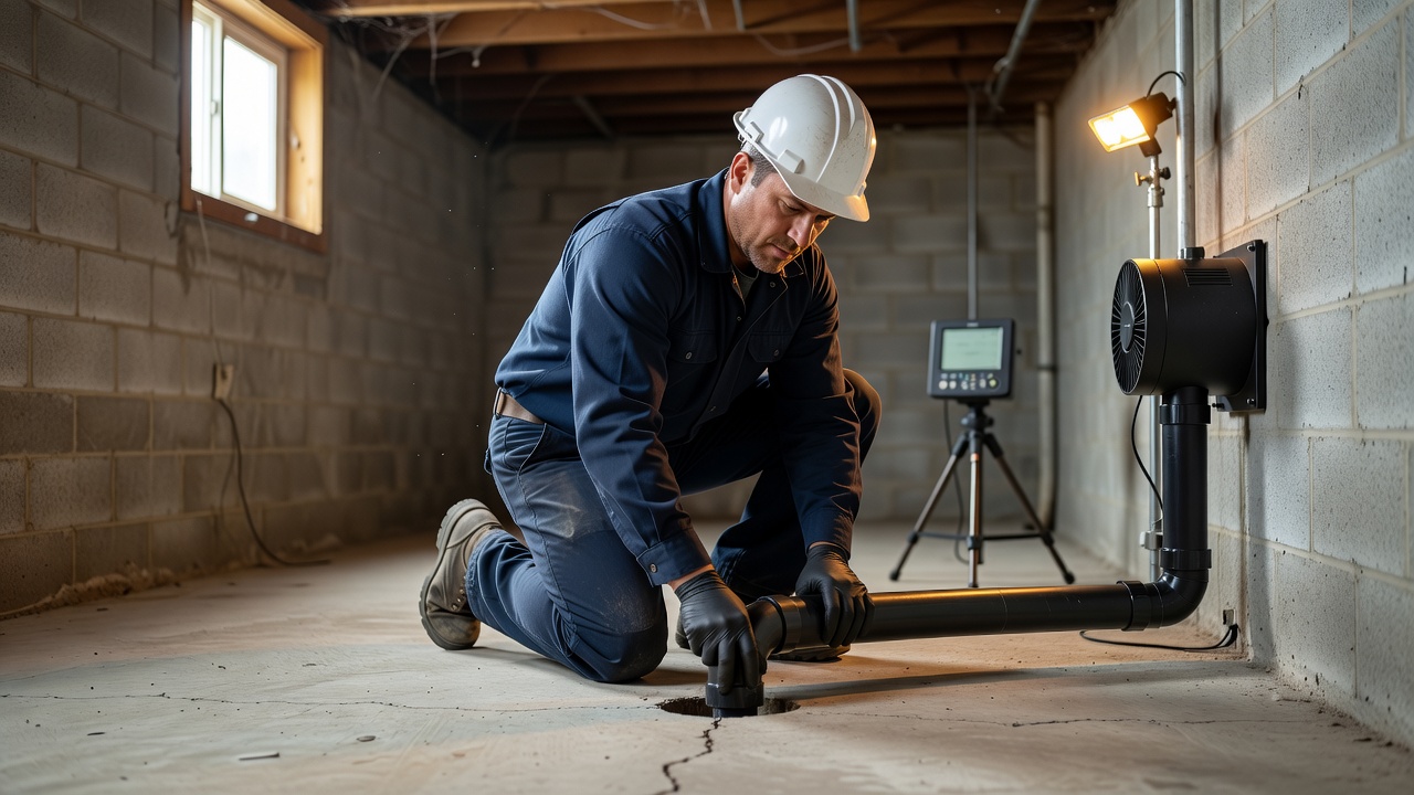 radon mitigation technician installing sub-slab system basement