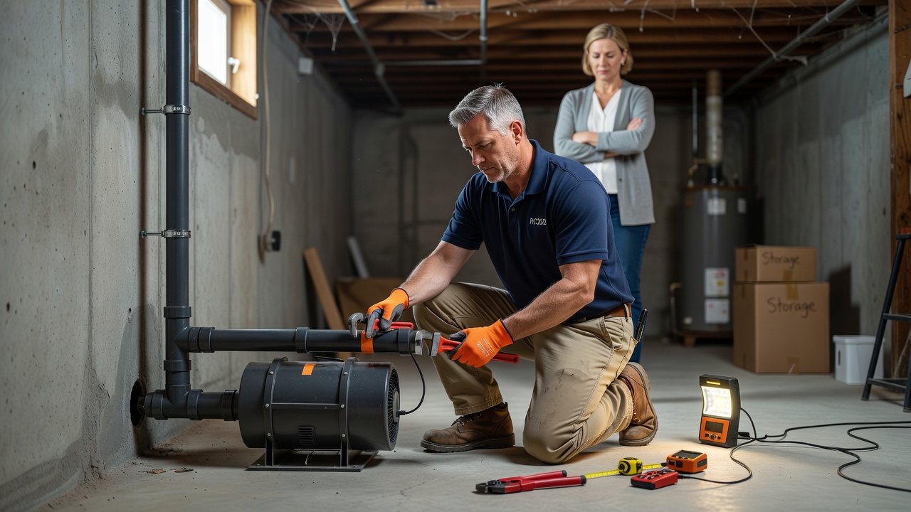 licensed radon mitigation technician installing system Ohio basement