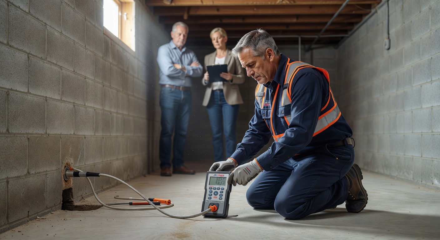 licensed radon mitigation contractor inspecting basement