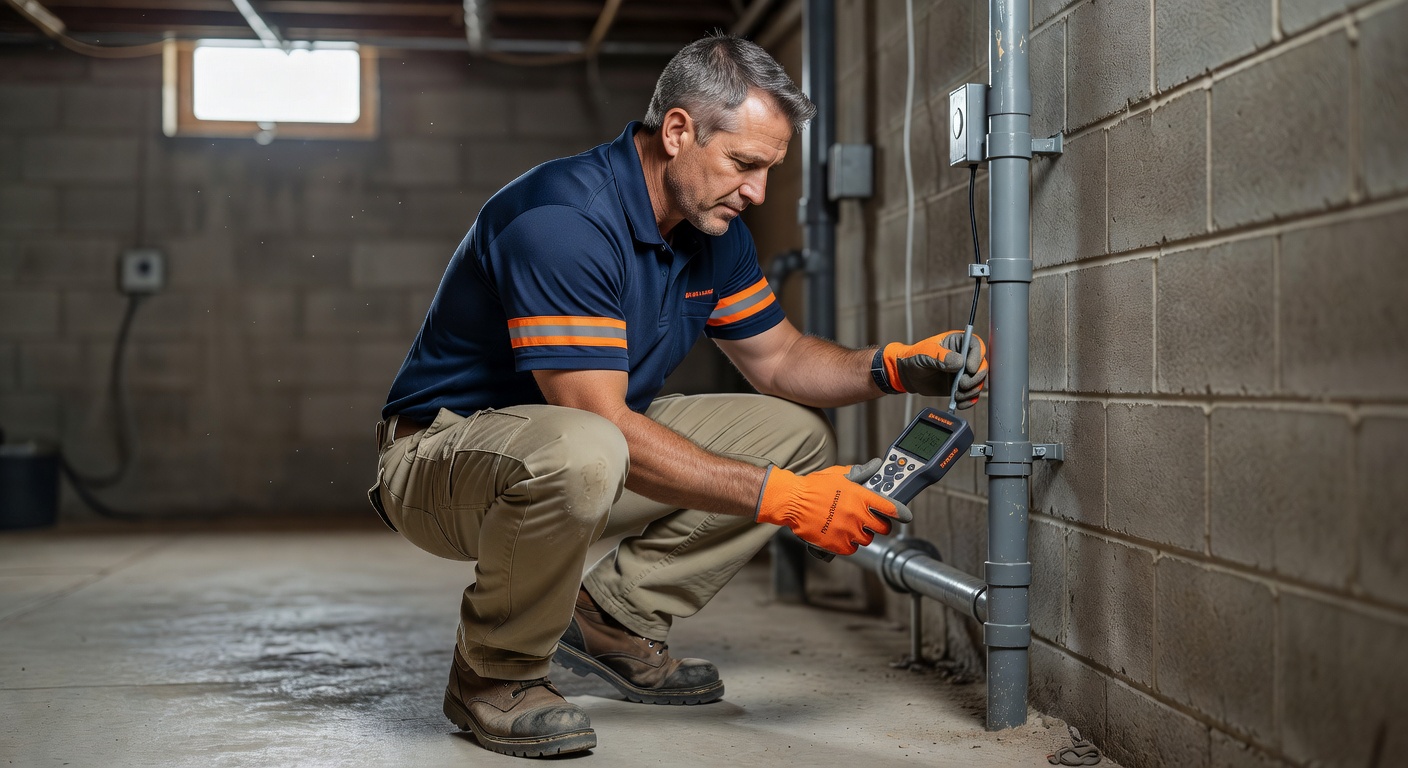 radon mitigation contractor inspecting Ohio home basement